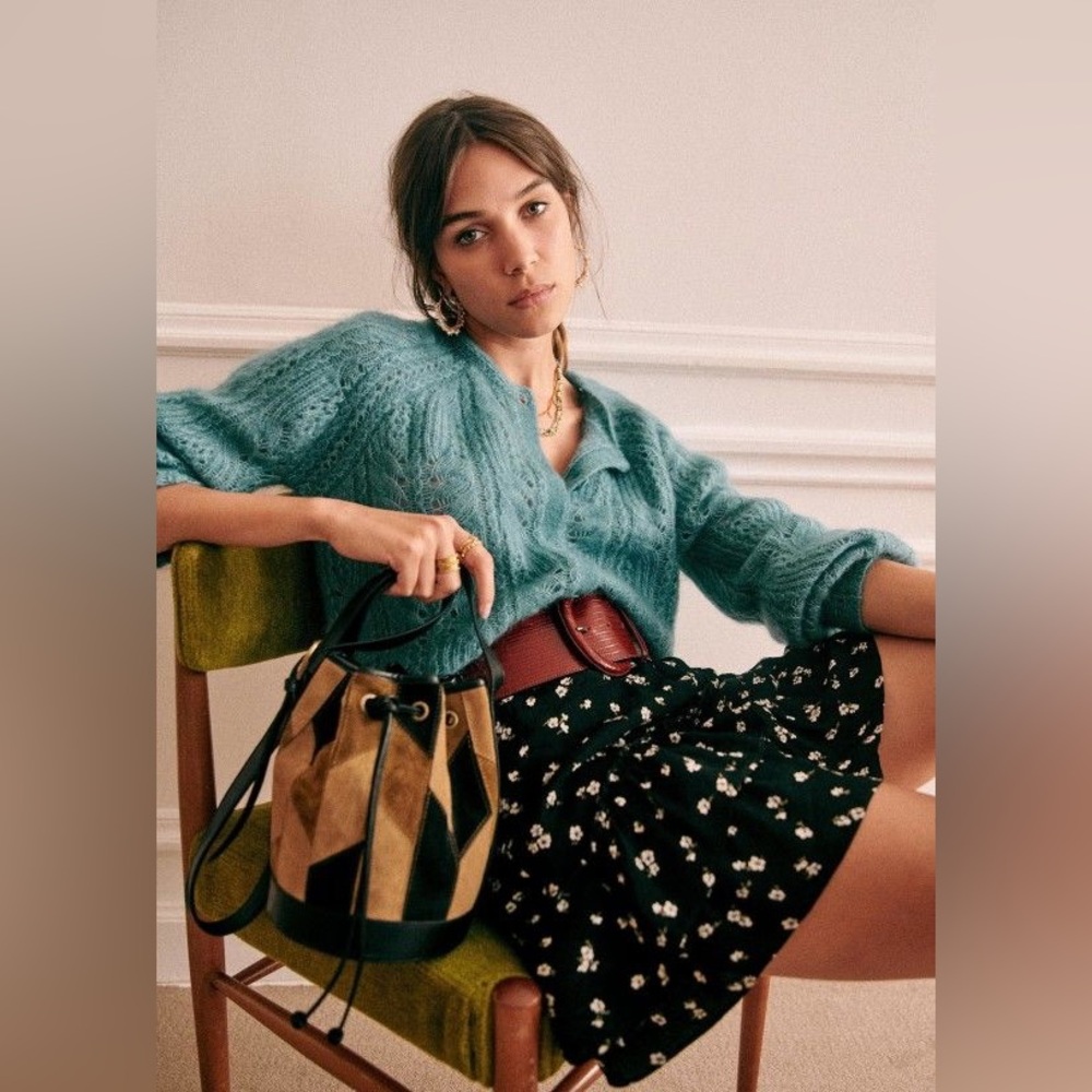 Sezane Black Floral A-Line Skirt